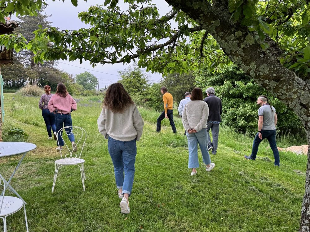Un groupe marche dans le jardin sous les branches d'un cerisier